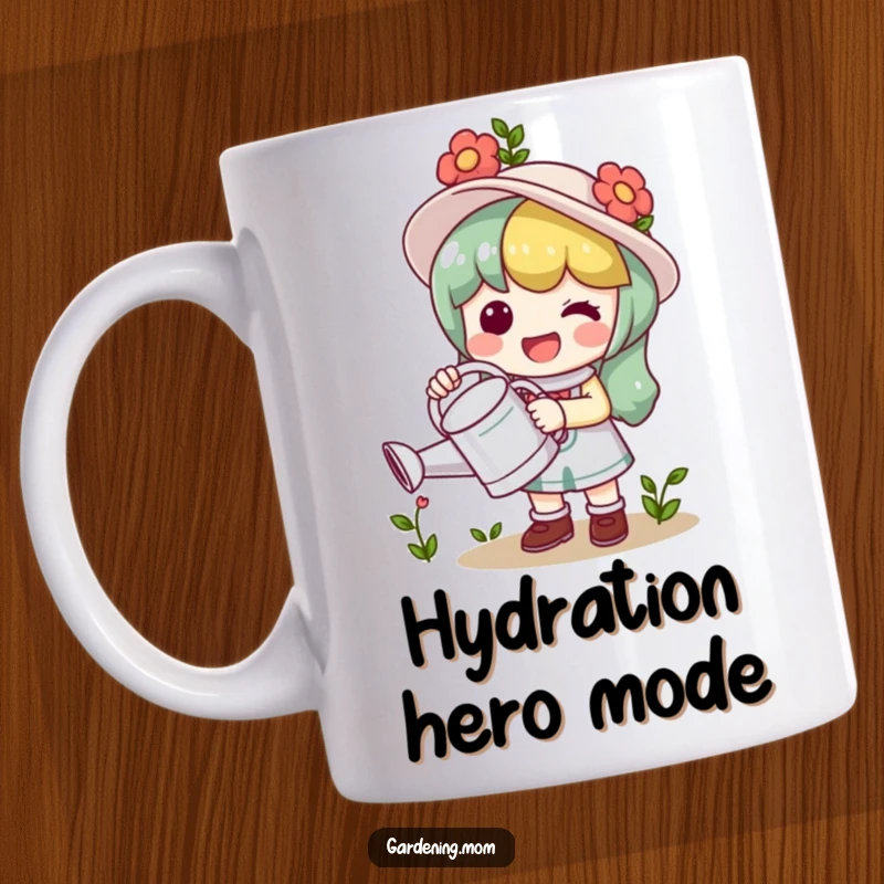 Funny Mug: A cheerful kawaii gardening character beams while holding a watering can, ready to nurture.