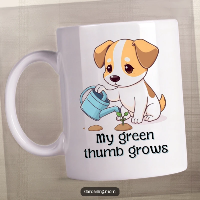Funny dog watering a tiny sprout with a watering can, looking hopeful and optimistic, perfect gift.