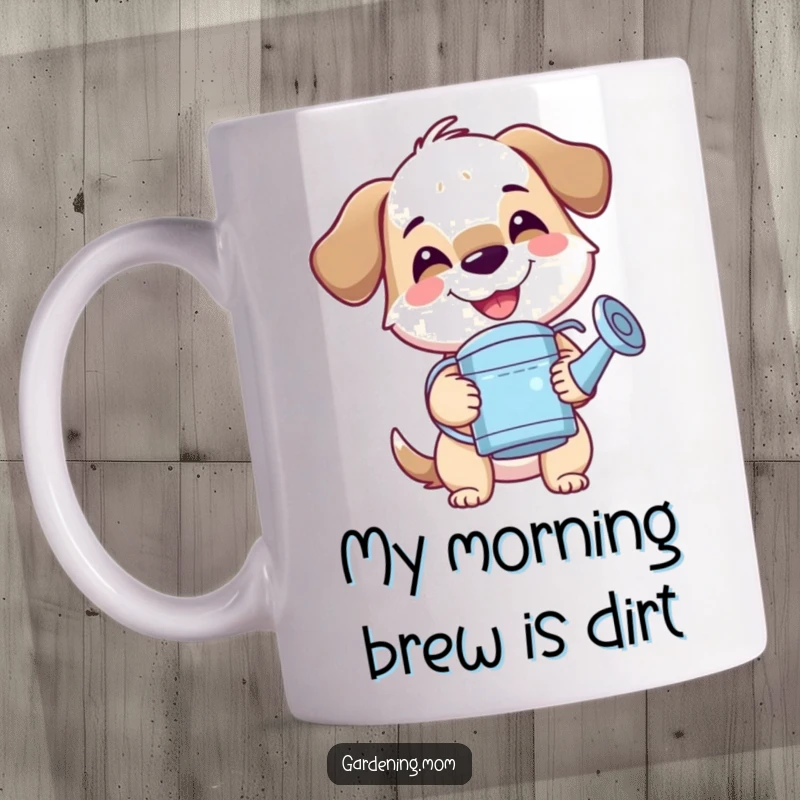 Funny mama dog mug with a big smile, happily watering a plant with a tilted watering can, embracing garden life humor.