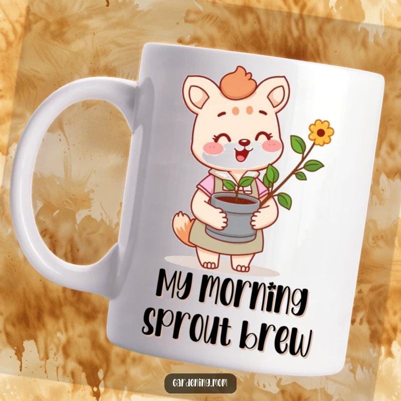 Funny mug featuring a cheerful gardening mom animal character tenderly holding a small potted sprout, symbolizing growth and care.