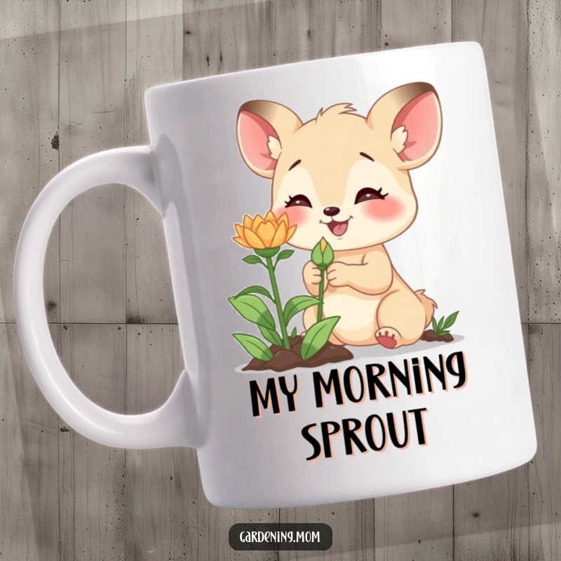 Funny mug with an excited gardening mom animal closely examining a tiny new bud, symbolizing growth and potential.