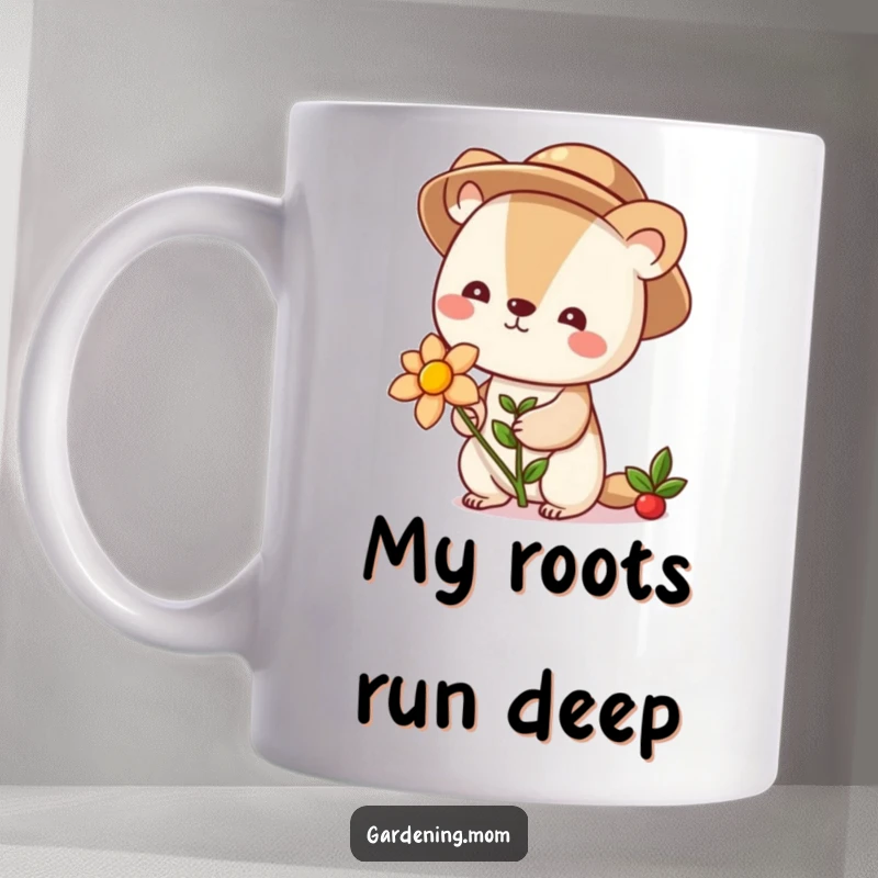 Funny gardener animal in a hat holding a blooming flower, a cute and cheerful design for plant enthusiasts, perfect for a mug.