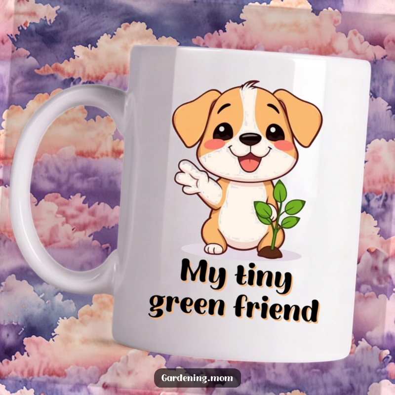 Funny mug featuring a proud dog smiling, gesturing towards a newly sprouted seedling, celebrating growth.