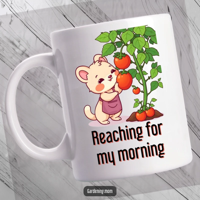 Funny gardening mom animal mug shows an animal mom stretching to pick a plump, ripe tomato directly from the vine.