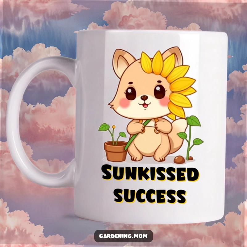 Funny gardening animal character beaming with pride while holding up a huge, vibrant sunflower it grew.