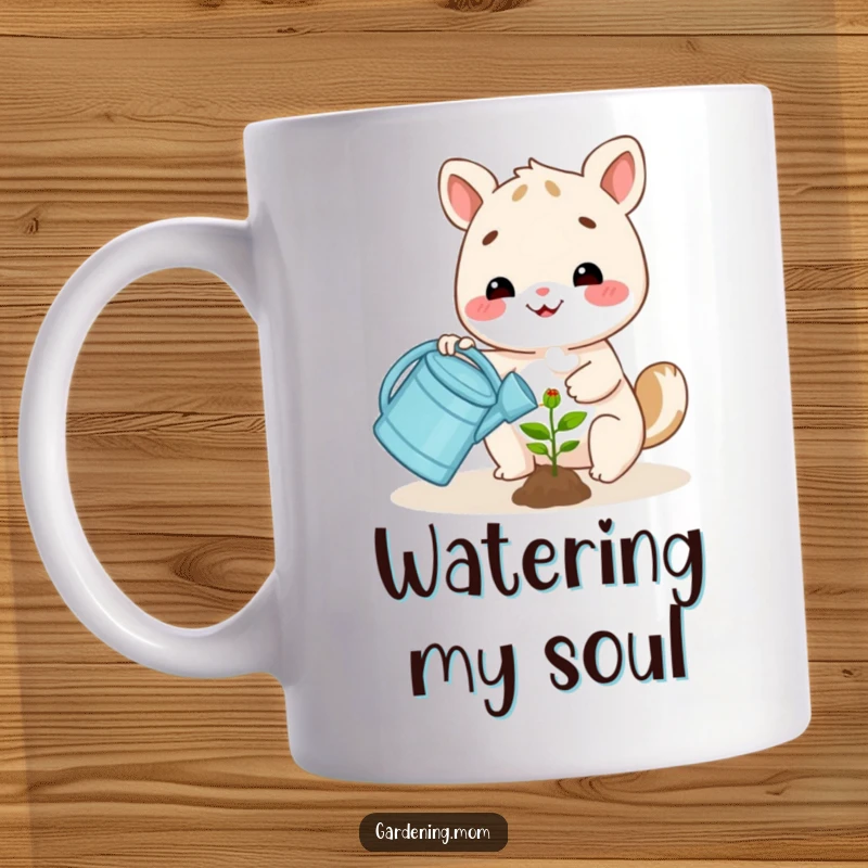 Funny happy animal character using a watering can to water a small plant, a cheerful design on a mug.