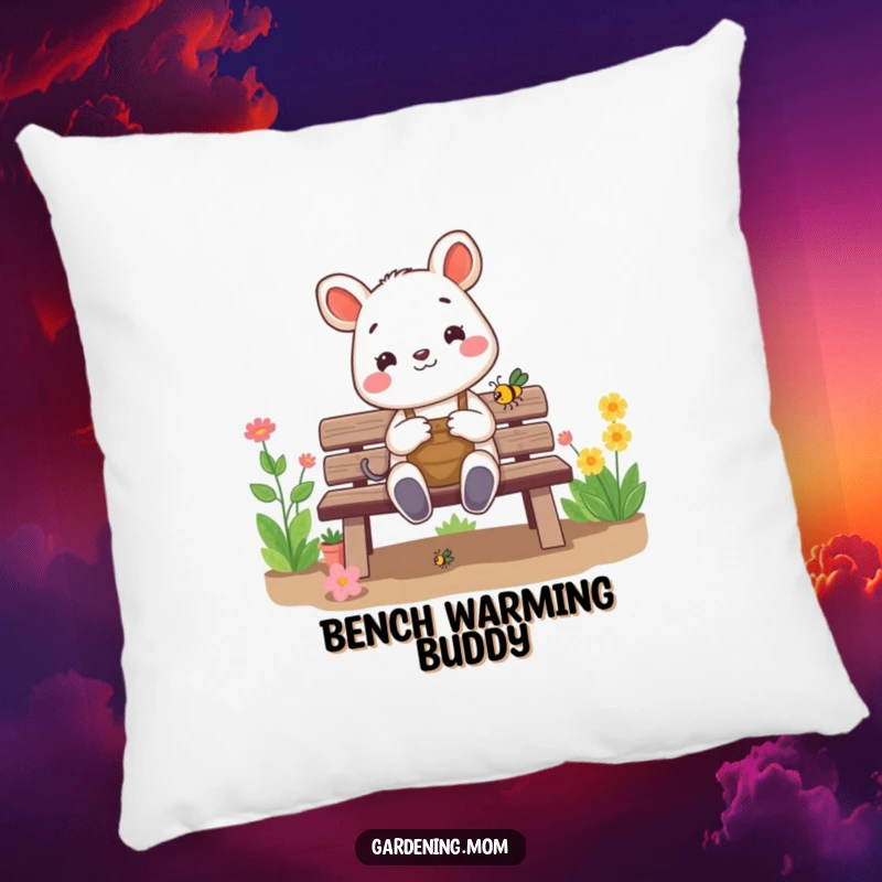Funny gardening animal pillow: a cheerful critter sits on a garden bench, happily admiring a small bug, offering comfort and a touch of nature.