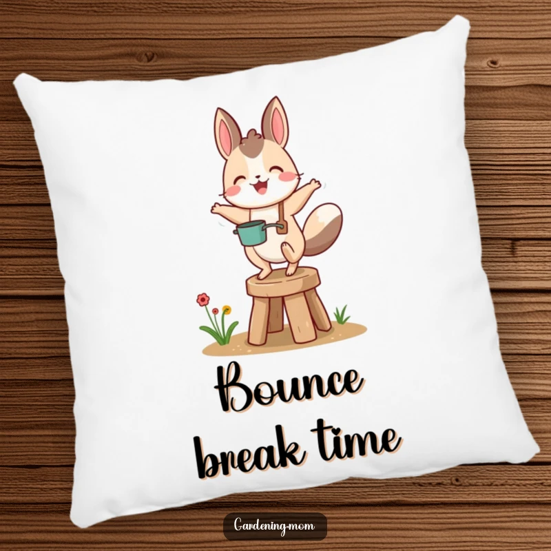 Funny gardening animal character joyfully bouncing on a tiny garden stool, designed for maximum comfort and amusement.