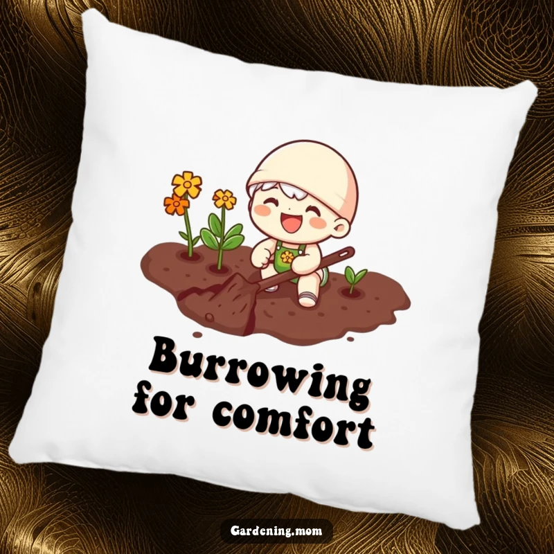 Funny pillow featuring a joyful gardening character happily digging in rich soil, adding a comfortable and humorous element.