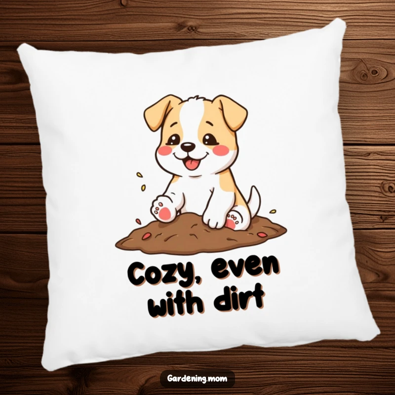 Funny pillow with a dog shaking soil from its paws with a satisfied wag, representing post-work contentment.