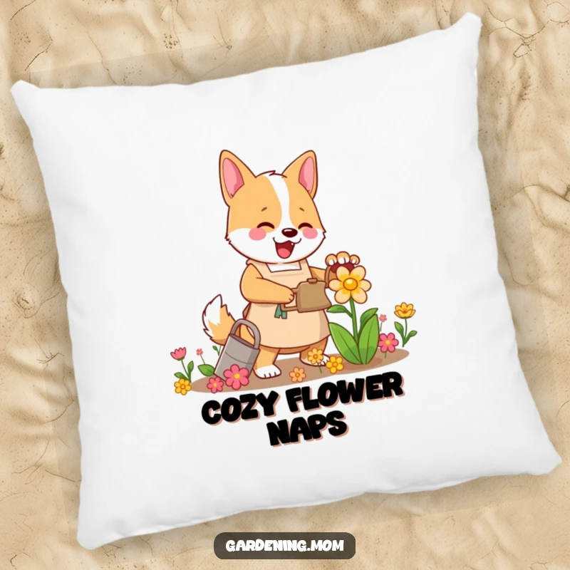 Funny Mama Dog Gardener Pillow: A mama dog in an apron enthusiastically waters a vibrant flower, offering comfort and charm.