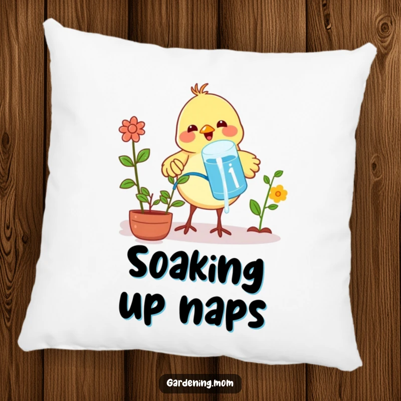Funny pillow featuring a proud little bird watering plants with a beak full of water, adding charm to any room.