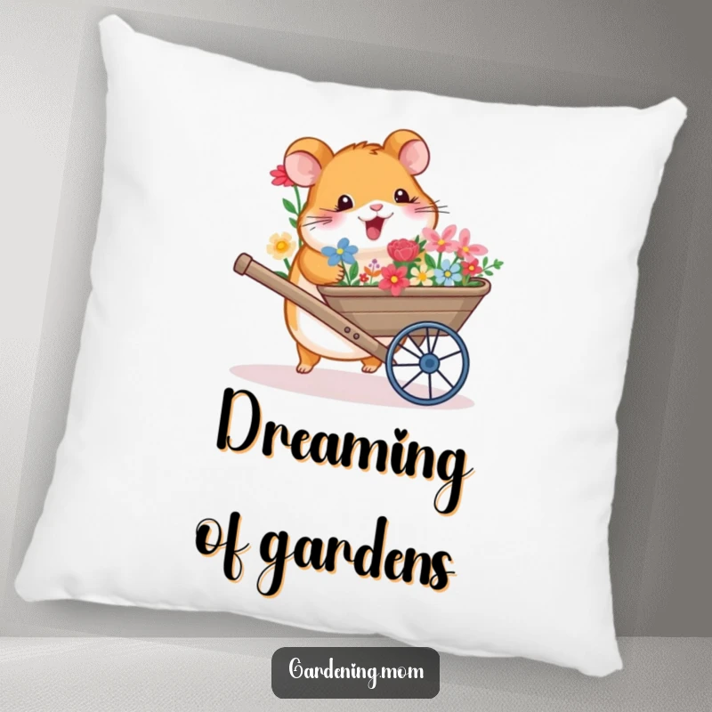 Funny pillow featuring a smiling hamster pushing a wheelbarrow loaded with a variety of colorful, blooming flowers.