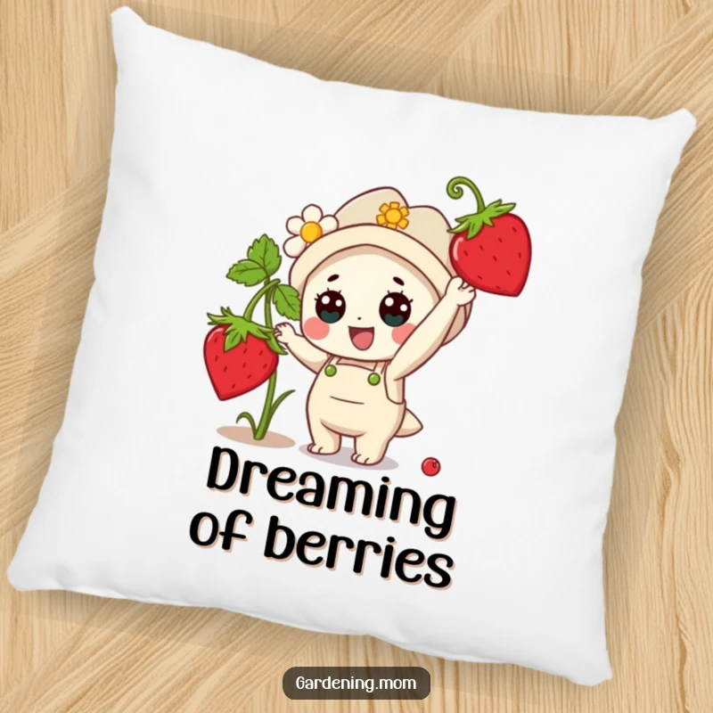 Funny Pillow: A sweet kawaii gardening character reaching happily for a ripe strawberry, soft and plush.