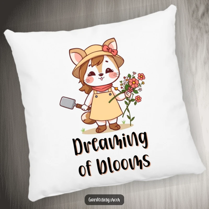 Funny pillow with a happy gardening mom animal holding a trowel and a bundle of flowers, offering comfort and garden joy.