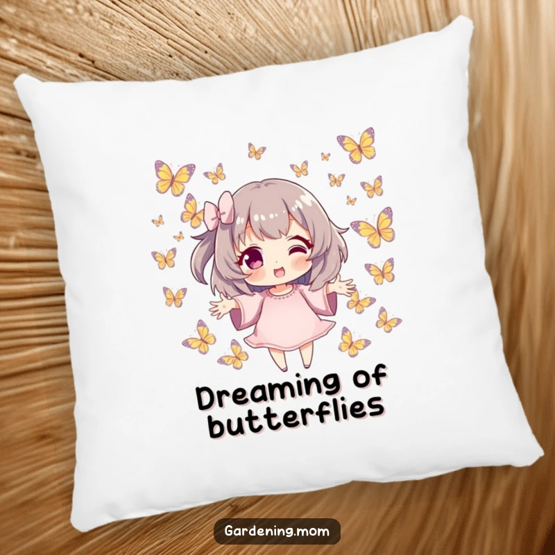 Funny Pillow: Soft character with outstretched hands, surrounded by butterflies, offering comfort and a funny gift of tranquility.