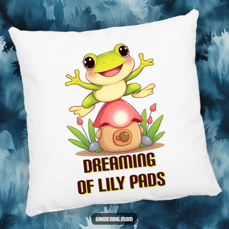 Funny Frog pillow featuring a playful frog jumping over a garden gnome, adding comfort and humorous garden charm.