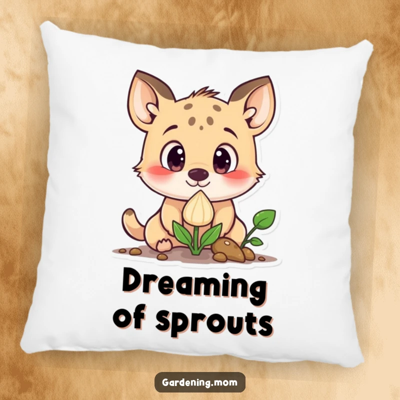 Funny curious animal character with wide eyes looking at a sprouting seed, on a soft and decorative pillow.
