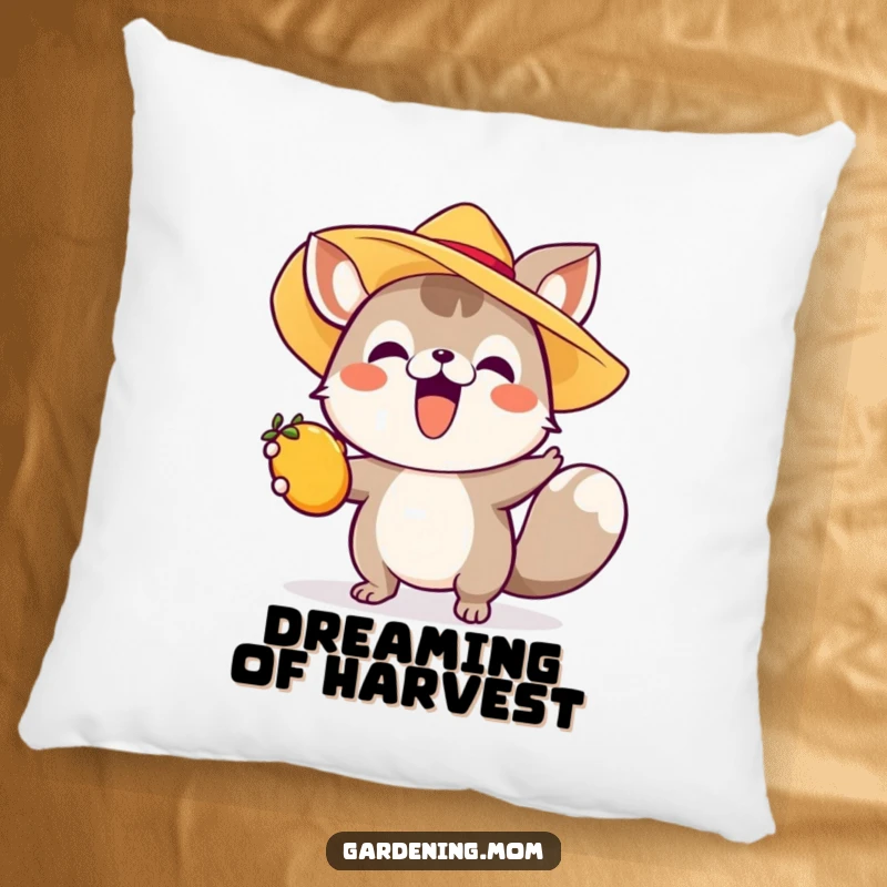 Funny pillow with an excited animal in a sun hat reaching for fruit, offering comfort and a dose of summer cheer.