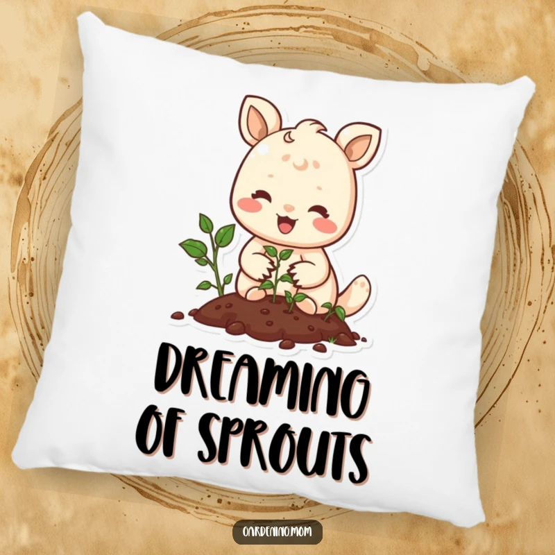 Funny pillow with a joyful animal character planting seeds with a gentle smile, offering comfort and a touch of serene humor.