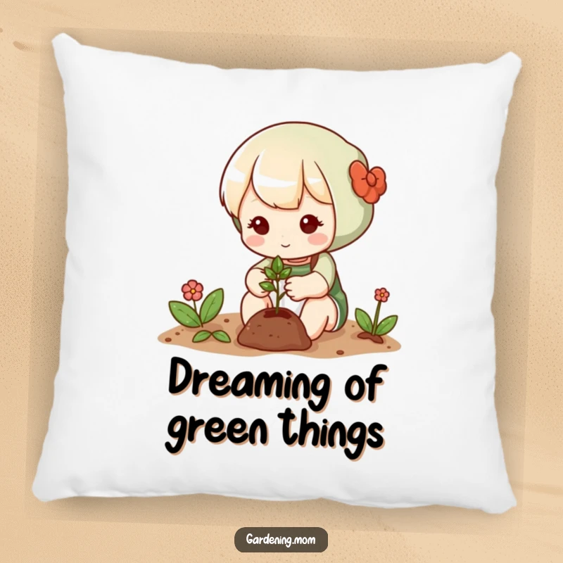 Funny pillow with a cute gardening character slowly planting a tiny seed, adding a cozy and humorous element to home decor.