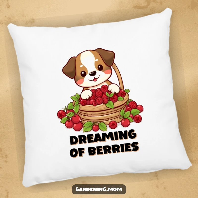 Funny pillow showcasing a happy dog harvesting a basket full of red berries, adding comfort and whimsy.
