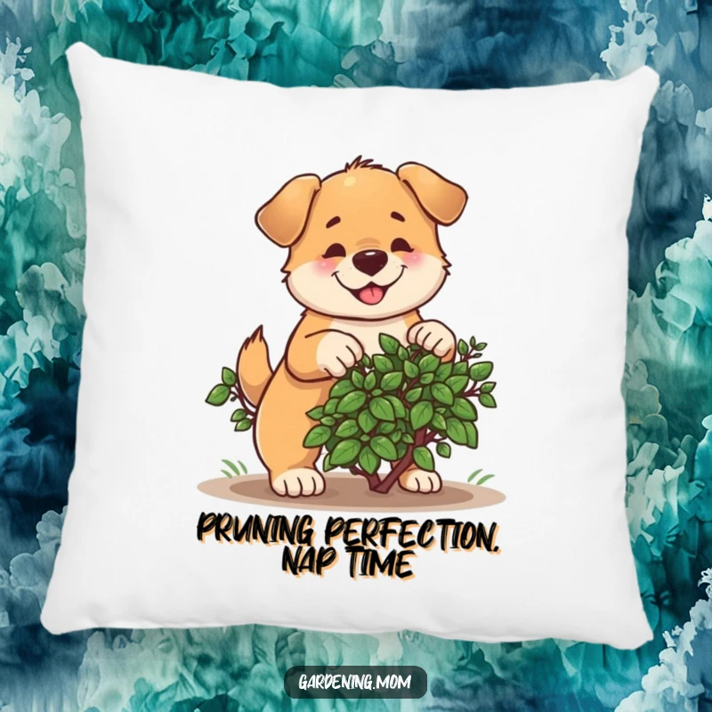 Funny pillow depicting a determined dog cheerfully pruning a bush, offering cozy comfort and garden-themed humor.