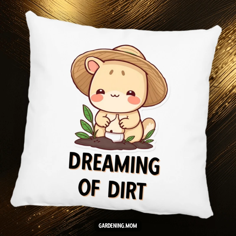 Funny gardening animal pillow: a smiling critter in a straw hat carefully plants a bulb, bringing comfort and a touch of gardening humor.