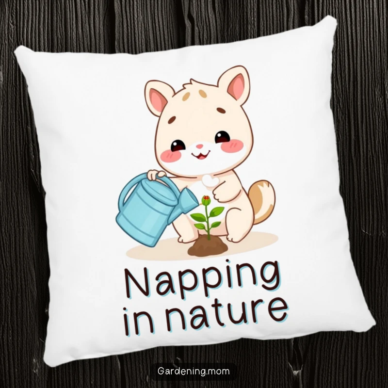 Funny happy animal character watering a small plant with a watering can, on a soft and decorative pillow.
