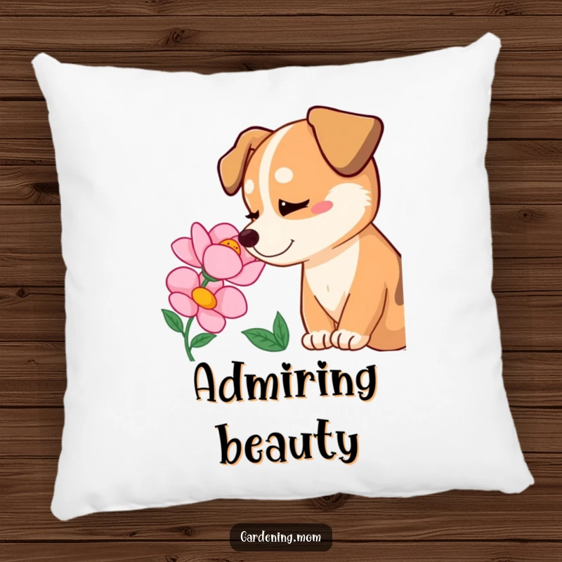Funny dog admiring a blooming flower with pure delight, a soft and decorative pillow, full of happiness, funny gift.