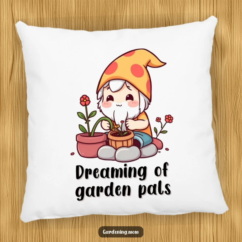Funny Pillow: A sweet kawaii gardening character carefully makes a garden gnome, soft and decorative.
