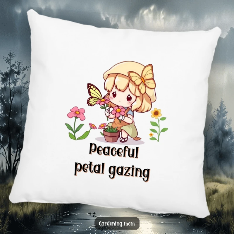 Funny Pillow: A sweet kawaii gardening character admiring a lively butterfly amidst flowers, soft and plush.