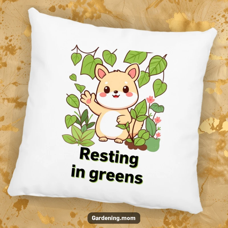 Funny Kawaii Gardening Animal Pillow Waving Hello Amidst Greens, Soft and Cozy, Cheerful Decorative Accent.