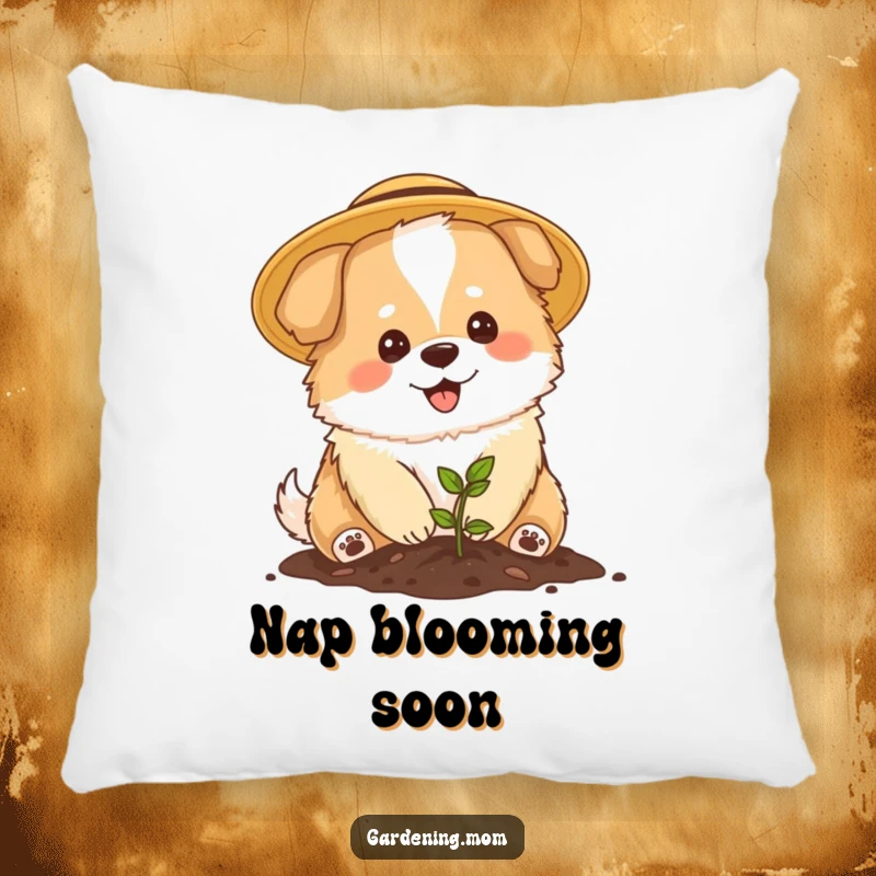 Funny Mama Dog Gardener Pillow: A fluffy mama dog with a sun hat plants a seedling, offering comfort and charm.