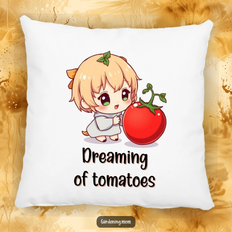 Funny pillow with a character showing immense delight while observing a plump tomato, offering humorous comfort.