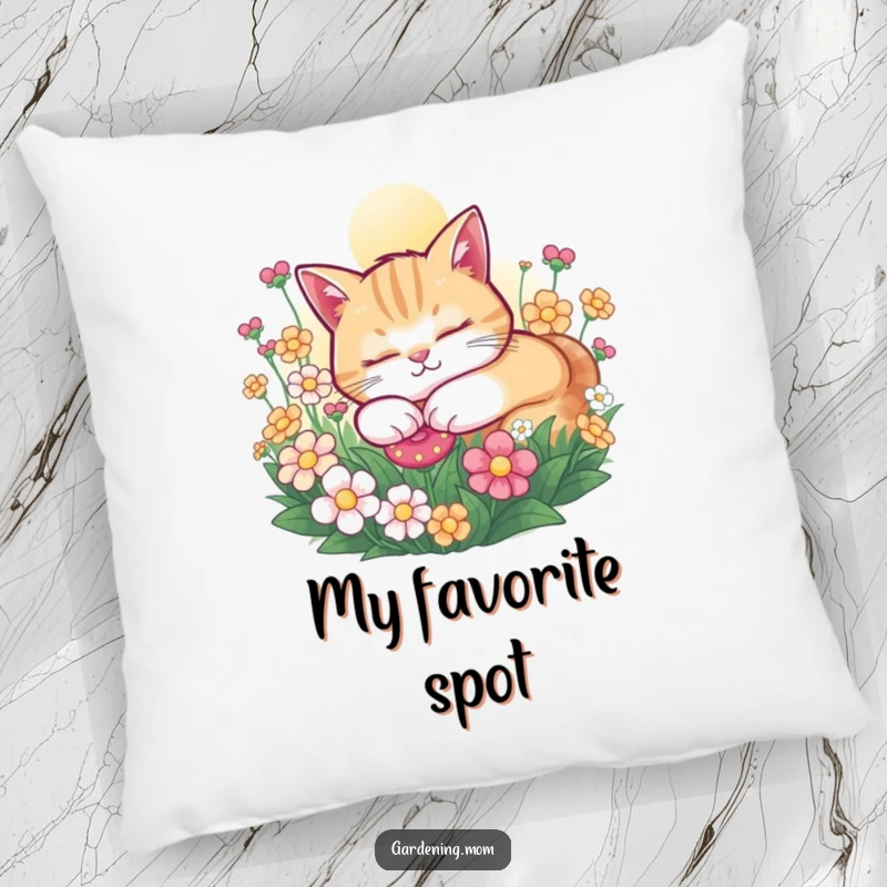 Funny Cat pillow featuring a contented cat snoozing peacefully in a sunny flower bed, adding comfort and cute charm.