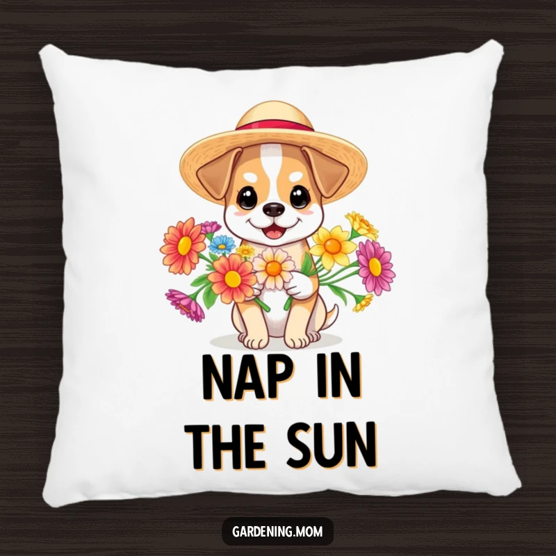 Funny dog wearing a sun hat and holding flowers, a soft and decorative pillow, full of summer fun, funny gift.