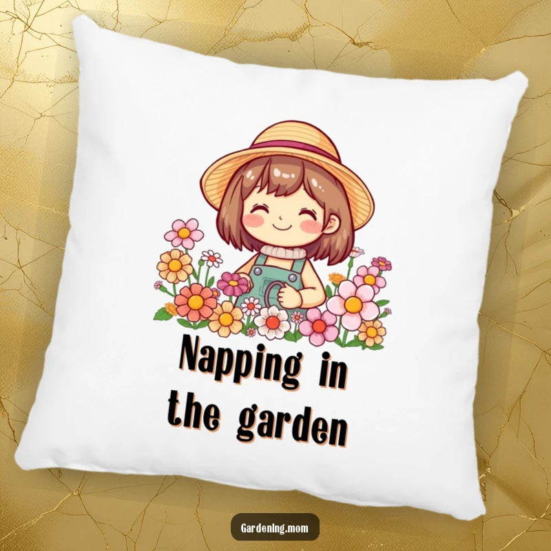Funny pillow featuring a smiling gardening character wearing a straw hat, with blooming flowers creating a cheerful and relaxing vibe.