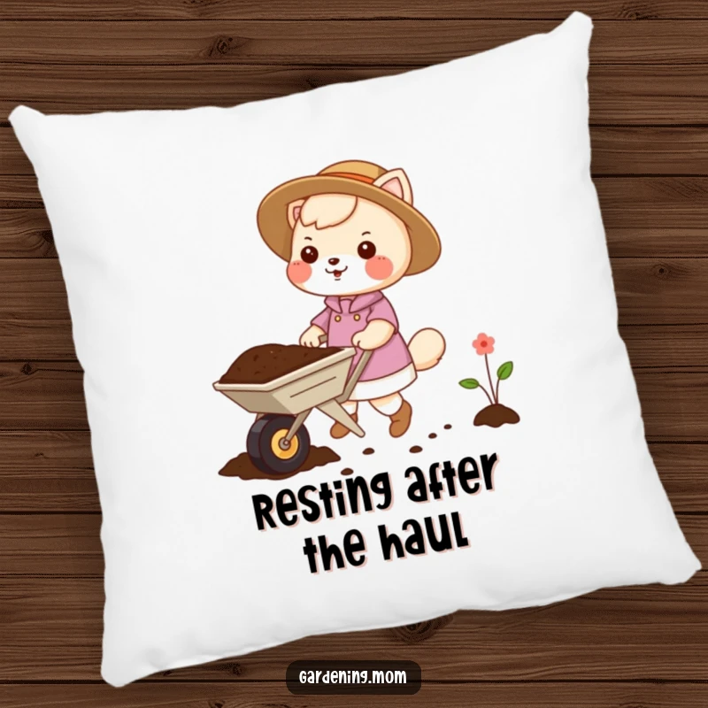 Funny gardening mom animal pillow design: an animal mom pushing a small wheelbarrow full of soil, a dedicated gardener.