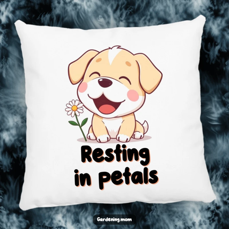 Funny mama dog pillow with a delighted expression, admiring a blooming daisy, perfect for adding a touch of floral joy.