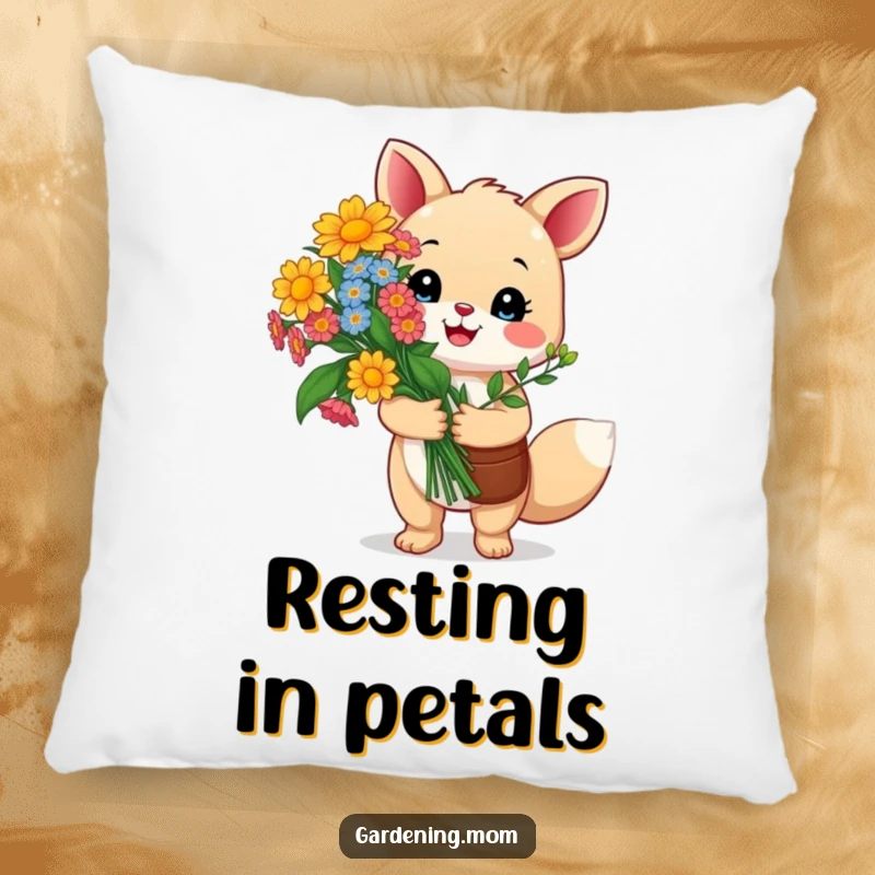 Funny gardening animal pillow: a happy critter proudly holds a vibrant bouquet of colorful flowers, offering comfort and a touch of floral pride.