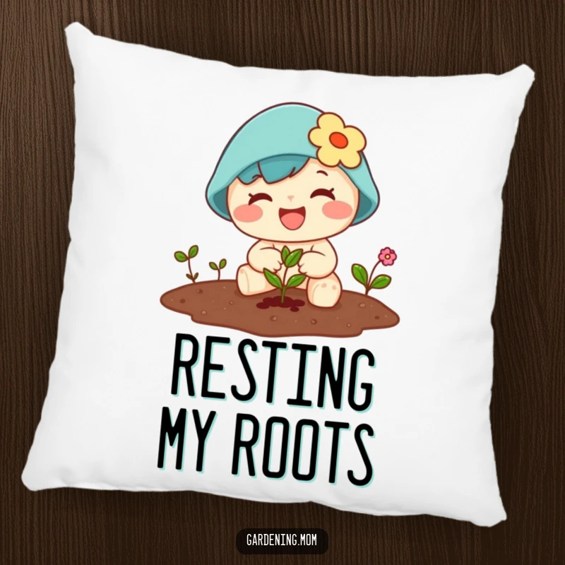 Funny Kawaii gardener pillow with a character joyfully planting a tiny seed, surrounded by happy plants.