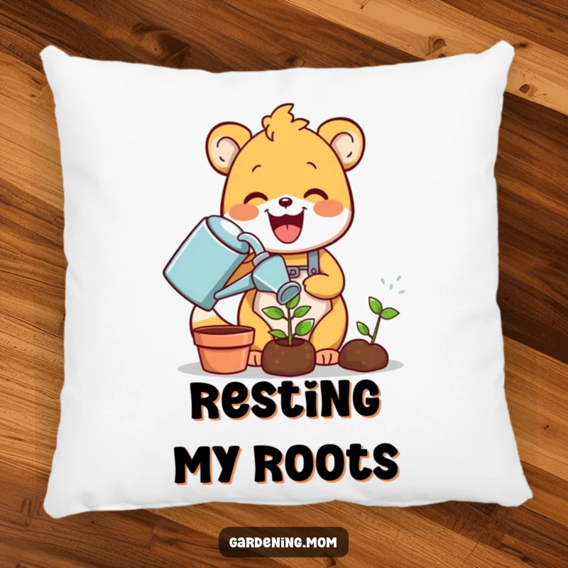 Funny gardening animal pillow: a delighted critter joyfully waters a tiny green sprout with a watering can, offering comfort and a humorous touch.