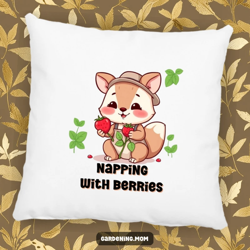 Funny gardening mom animal pillow design: an animal mom holding out a freshly picked berry with a gentle, loving expression.
