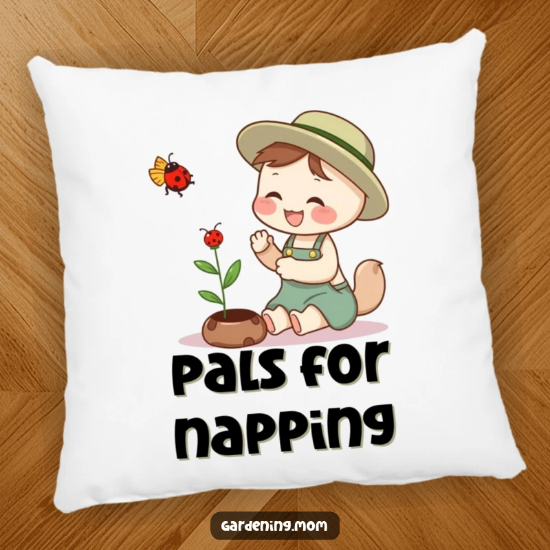 Funny gardening mom animal pillow design: an animal mom giggling while gently petting a hovering ladybug, a moment of pure happiness.