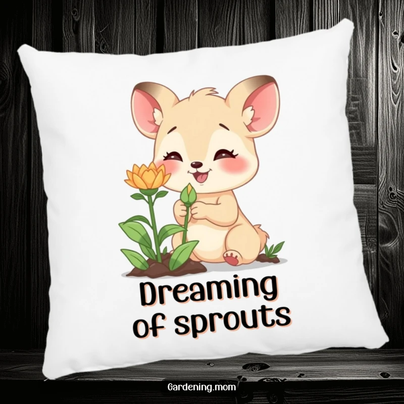 Funny pillow with a happy gardening mom animal excitedly examining a new bud, offering comfort and a reminder of potential.