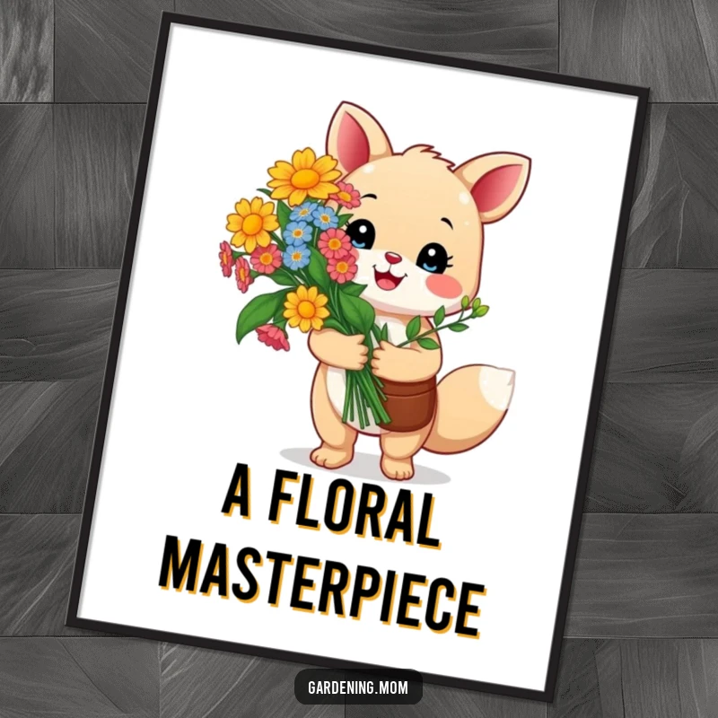 Funny gardening animal digital art print: a happy critter proudly holds a vibrant bouquet of colorful flowers, celebrating achievements digitally with joy.