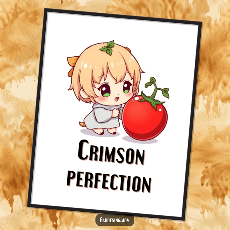 Funny digital art print of a character's ecstatic reaction to a plump tomato, a humorous and delightful visual.