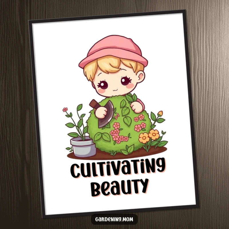 Funny Kawaii Gardener Digital Art: Cute character gently pruning a bush with focus, bringing instant garden humor.