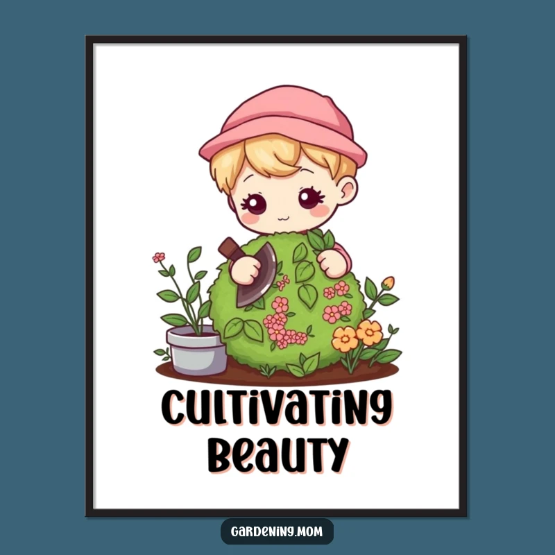 Funny Kawaii Gardener Digital Art: Gentle Pruning Focus - Instant Garden Charm